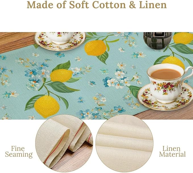 Farmhouse Lemon Fruit Table Runner,Nature Aesthetic Blue Flowers Plant Farmhouse Dining Table Decoration for Home Holiday Party Dresser Kitchen Cabin Restaurant Wedding Decor 13×90in