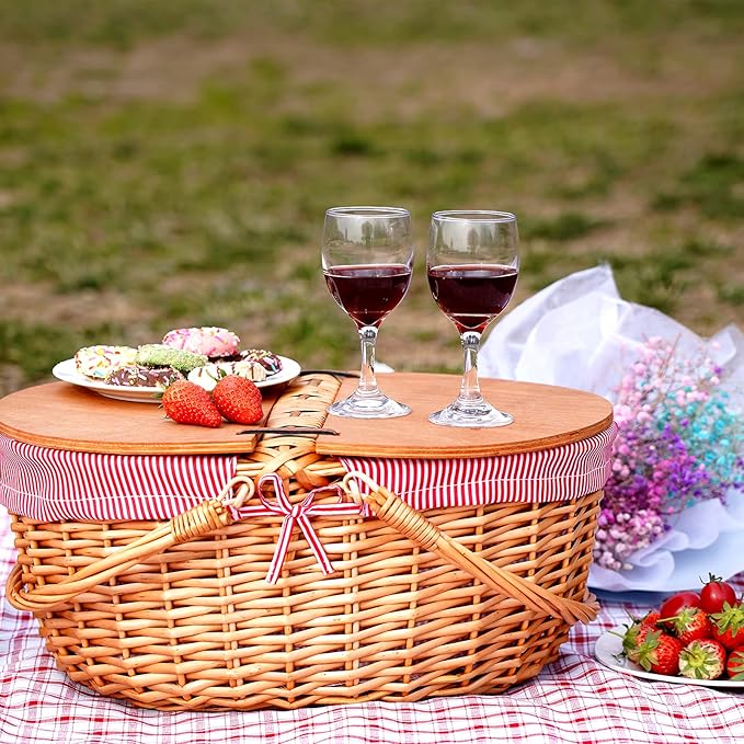 Wicker Picnic Basket with Liner, Wooden Split Lid Picnic Basket, Vintage-Style Wicker Picnic Hamper with Folding Woven Handle for Picnic, Camping, Outdoor, Valentine Day, Thanks Giving, Birthday (Red)