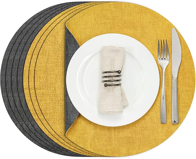 Myir JUN Round Placemats Dual Sided, Faux Leather Place Mats Set of 4 Indoor Placemats for Dining Table Outdoor Placemats Non-Slip Washable Table Mats (Set of 8, Gray Yellow)