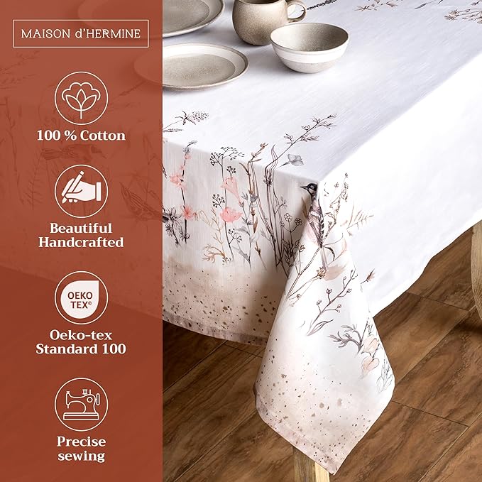 Maison d' Hermine Table Cloth Rectangle Table 100% Cotton 60 x 120 Inches Tablecloth Reusable for Dining Room, Farmhouse, Home, Party, Festive & Wedding Spring Summer - Meadow Florals - Brown
