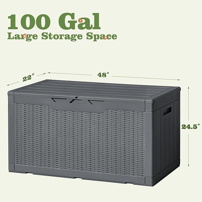 Flamaker Outdoor Storage Box 100 Gallon Waterproof Resin Deck Box Delivery Box with Air Rod Indoor Outdoor Lockable Storage Bench for Patio Cushions, Tools, Pool Accessories (Gray)