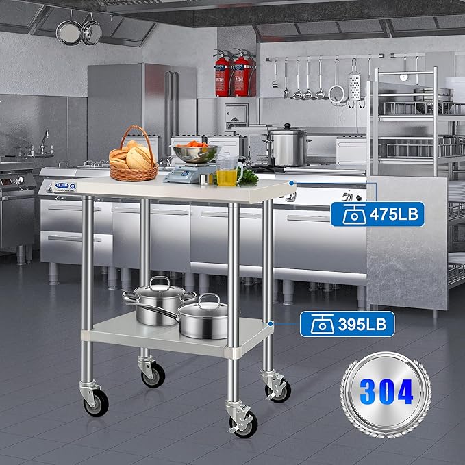 HARDURA Stainless Steel Table with Wheels 24 x 36 Inches Kitchen Prep Table Heavy Duty Stainless Steel Workbench with Aluminium Corner Undershelf NSF 304 Metel Table for Commercial Restaurant