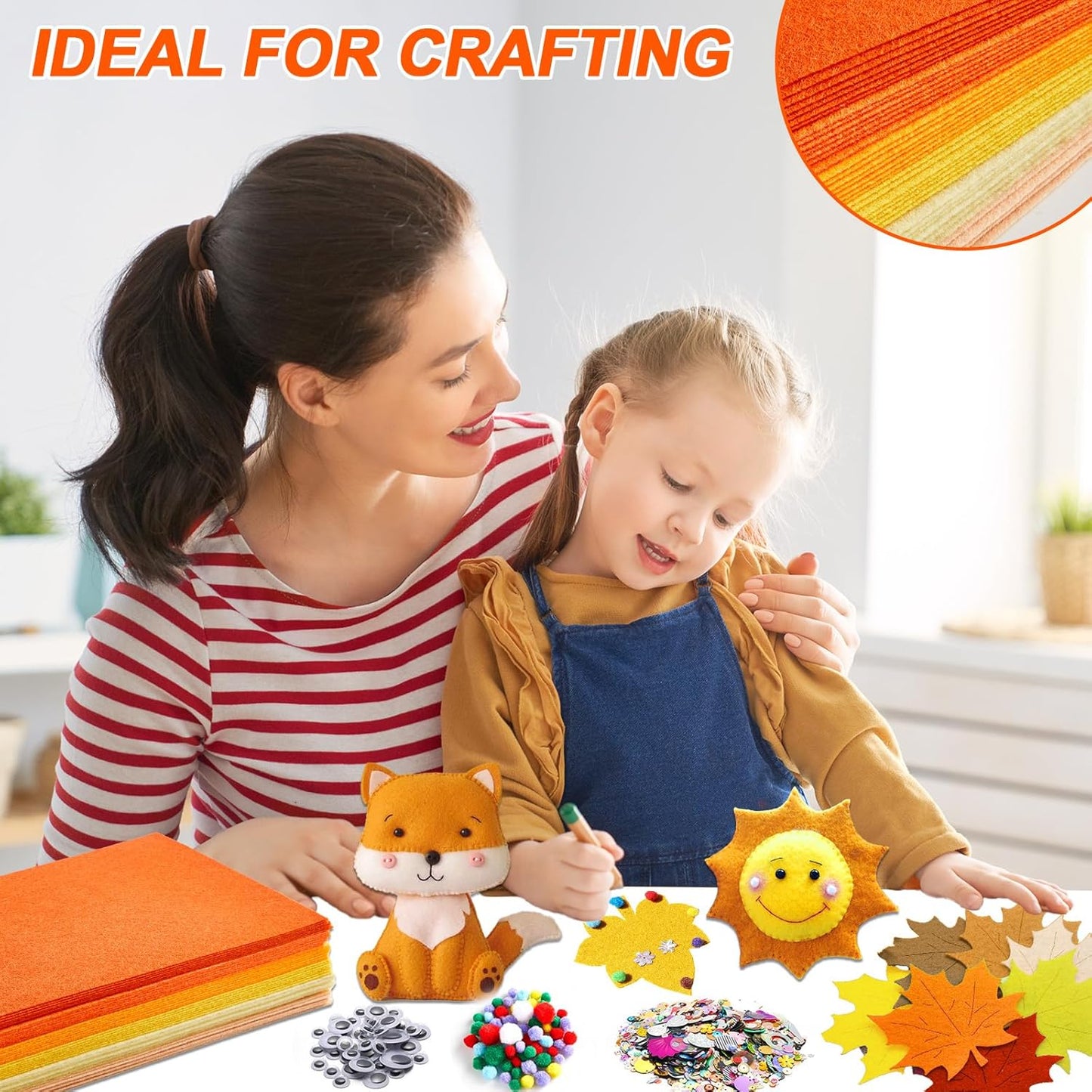 42Pcs Fall Felt Fabric Sheets 8 x 12 Inch Thanksgiving Yellow Orange Assorted Soft Thick Felt Pack with Wiggle Google Eyes Pom Poms Glitter Patchwork for Autumn DlY Sewing Creative Art Project Decor