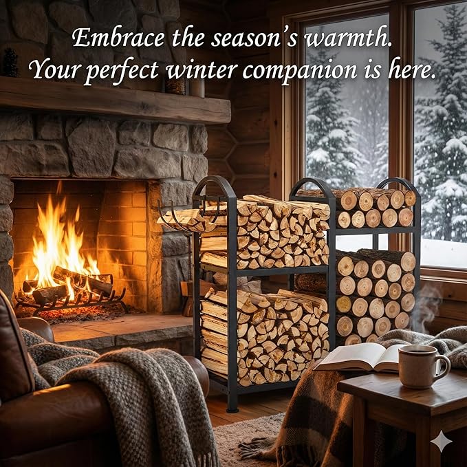 Firewood Rack Indoor With Hooks, 31inch Firewood Rack, log holders for firewood outdoor, Fireplace Wood holder Indoor, Adjustable Small Fire Wood Storage