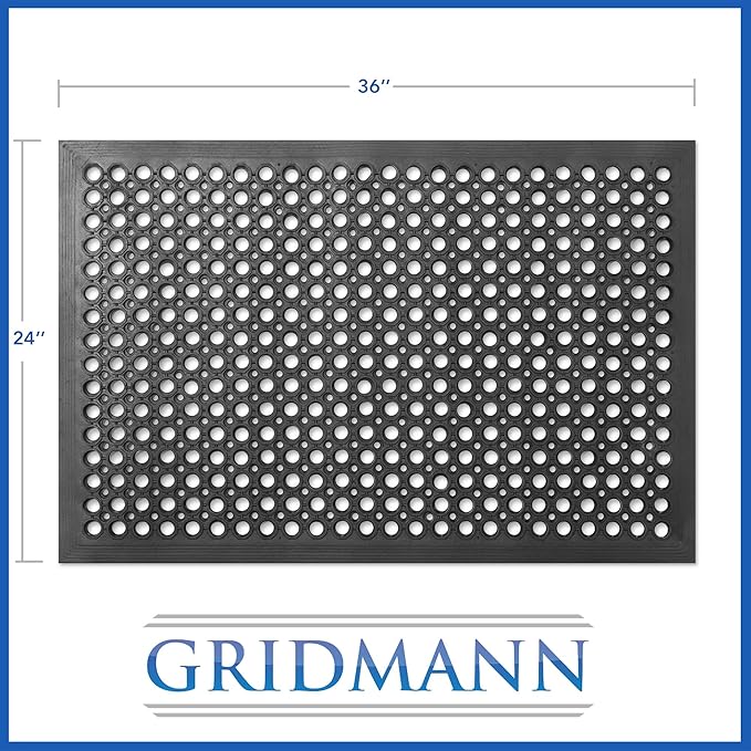 GRIDMANN Rubber Floor Mat, 24" x 36" Anti-Fatigue Drainage Mat, Non-Slip and Grease Resistant for Restaurants, Commercial Kitchens, Bar Floors, Black