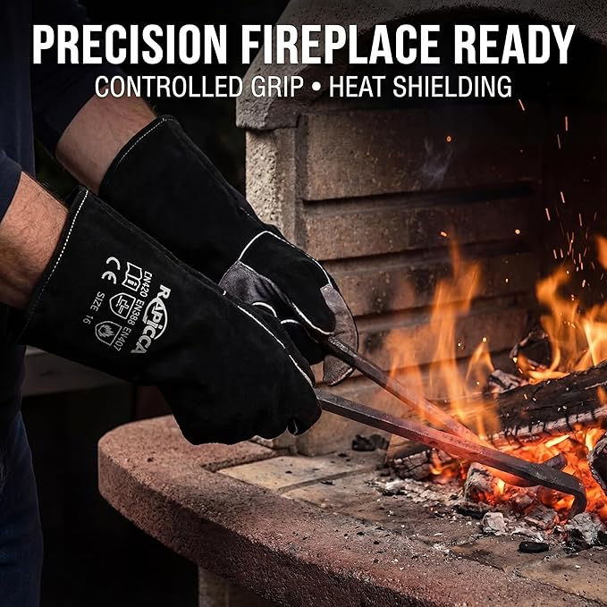 RAPICCA Fireplace Gloves Fire Heat Resistant: Black 14IN - Fireproof Leather for Fireplace Fire Pit Wood Stove Campfire Furnace BBQ Grill Oven Stick Mig Welding Welder Gear - Birthday Gift for men