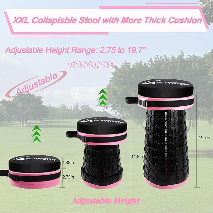 ALEVMOOM Upgraded XXL Collapsilbe Stool with Cushion,More Sturdy and Height 19.7“,D11.8”,Portable and Lightweight Adjustable Telescoping Stool for Camping Hiking BBQ Max Loading 1000Ibs