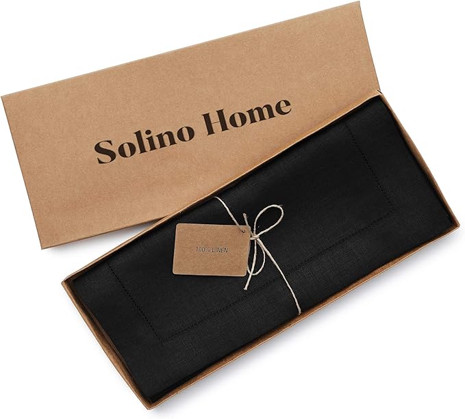 Solino Home Linen Black Table Runner 120 Inches Long - 100% Pure Linen 14 x 120 Inch Table Runner for Spring, Easter - Classic Hemstitch