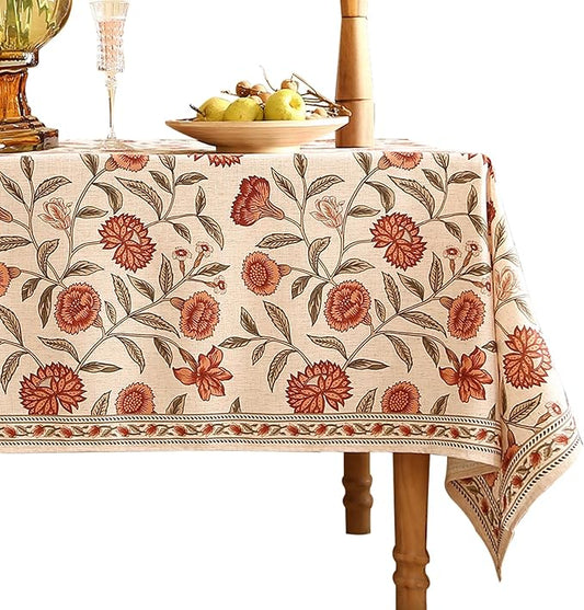 ISAENNE Designer French Rectangular Tablecloth,Linen Orange Floral Pattern Indoor Table Cloth,Wrinkle Resistant Decor Table Cloth for Dining Thanksgiving Kitchen Party,55"*87"-Alvarado D