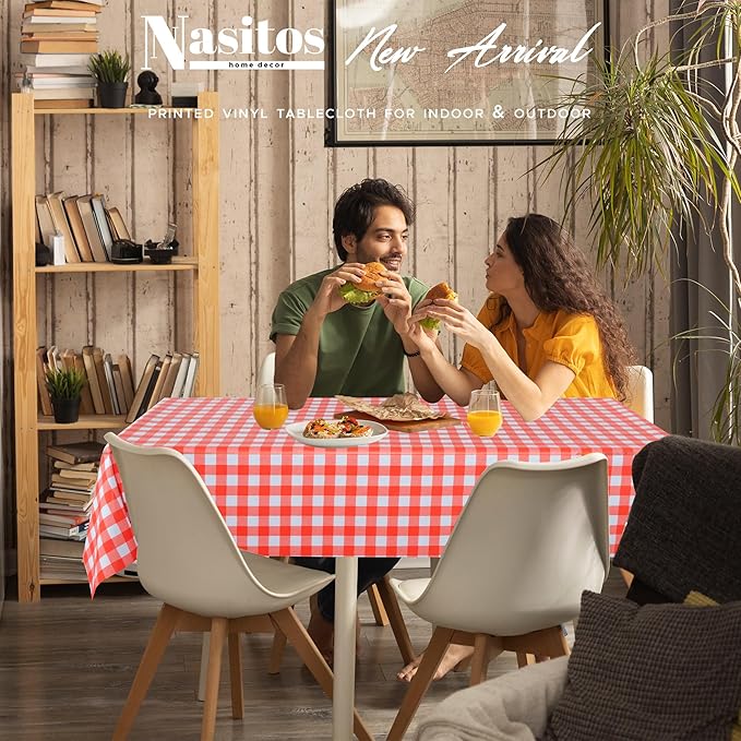 Nasitos 2 Pack Plastic Table Cloth 60x120 Inch-Red and White Rectangle Tablecloth Checkered, Washable Wipeable Plaid Vinyl Tablecloth with Flannel Backing for Picnic Party, Camping, Dinner