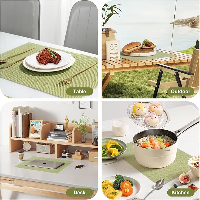 Placemats Set of 12，Christmas Non-Slip PVC Weave Table Mats Easy to Clean，Heat Resistant Place Mats for Kitchen Dining Table Decoration Indoor Outdoor，Pea Green