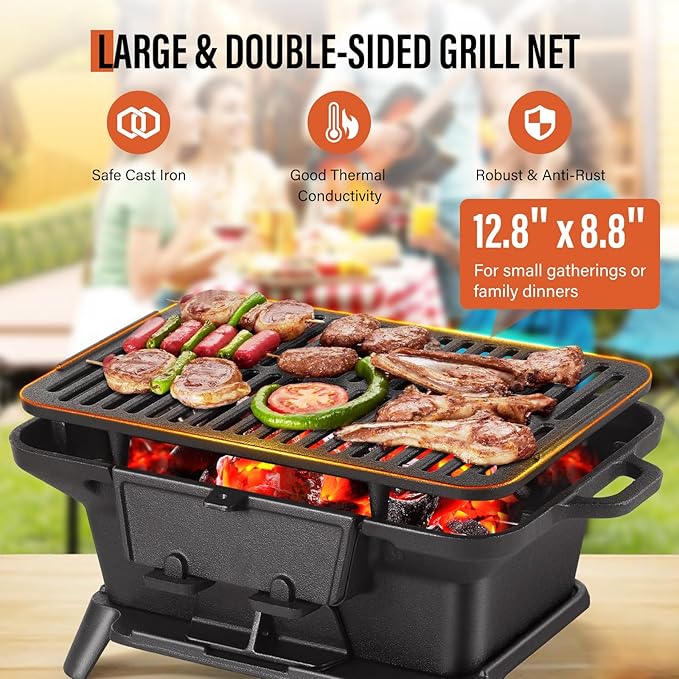Hibachi Grill Outdoor, Portable Mini Charcoal Grill, Pre-Seasoned Cast Iron, Small Japanese Yakitori Tabletop Skillet Grill Stove for Outdoor Camping