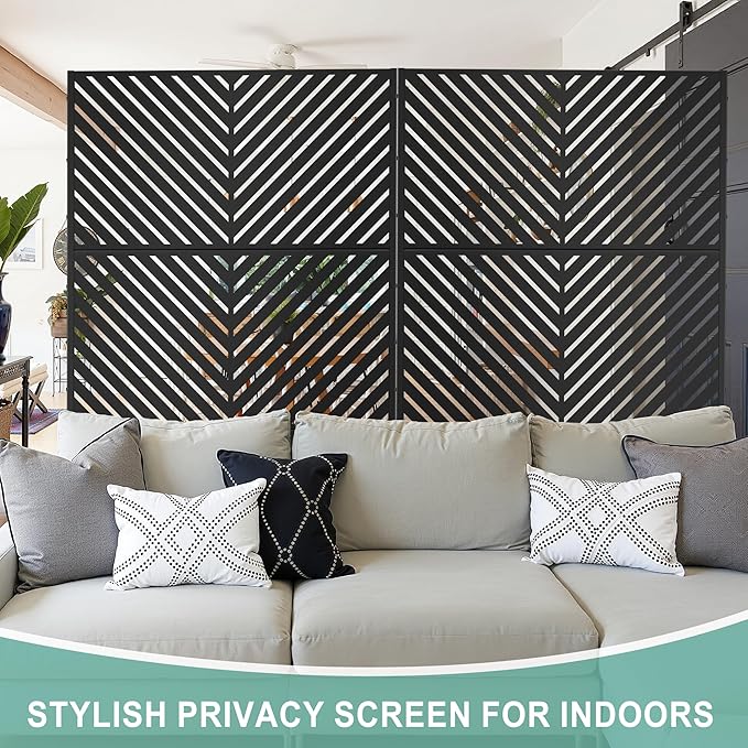 Metal Privacy Screen for Outdoor & Indoor Use, Free Standing Privacy Screen for Patio Garden Pool, 72" H x 47" W Decoative Privacy Panels, Weather Resistant, Easy Assembly (Black Parallel Line)