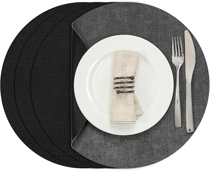 Myir JUN Round Placemats, Dual Sided Faux Leather Place Mats Set of 4 Indoor/Outdoor Non-Slip Washable Table Mats (Gray Black, Set of 4)