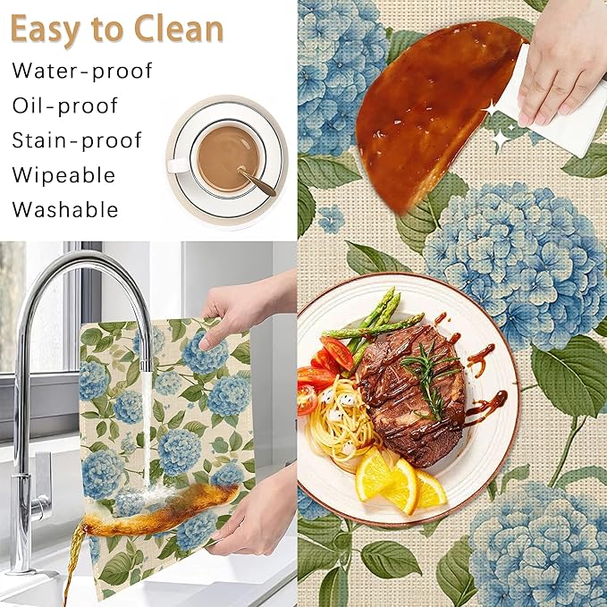 Placemats12x18 Inch,Blue Hydrangea Placemats,Vintage Floral Kitchen Dining Coffee Table Mats Set of 6 for Home Indoor Outdoor Party