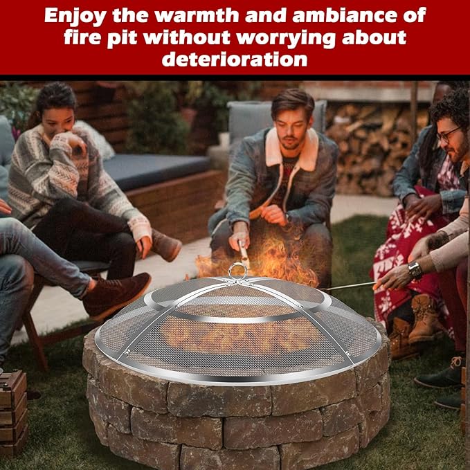 Fire Pit Spark Screen,22 Inch Fire Pit Screen Cover Stainless Steel Outdoor with Handle&Poker,Firepit Screens Cover Round Mesh Lid Heavy-Duty Steel Replacement for Backyard/Beach/RV Camping