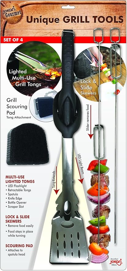 Jokari Pro Grade 6 in 1 Lighted Grill Set. All In One Industrial Strength Tool Includes Easy Grip Handle, Spatula, Adjustable Tongs, Knife Blade, Scraper, LED Flashlight, BBQ Skewers and Bottle Opener