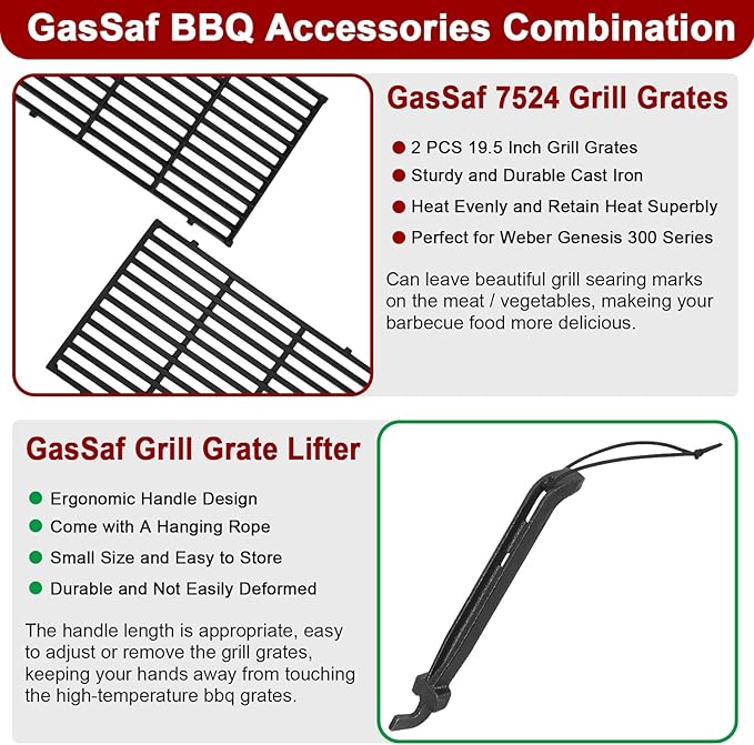 GasSaf 19.5" Grill Grates and Cooking Grate Lifter for Weber Genesis 300, Replacement Parts for Genesis E310 E320 E330 EP310 EP320 EP330 S310 S320 S330 Grills, Cast Iron BBQ Parts for Weber 7524 7528