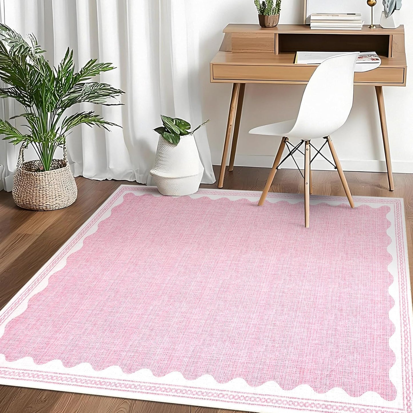Scalloped Rug 4x6 Rugs for Entryway, Small Area Rugs Solid Pink Rug for Bedroom Girls, 4x6 Washable Rugs for Living Room, Non Slip Scalloped Bath Mat, Soft Dorm Nursery Carpet for Bedside