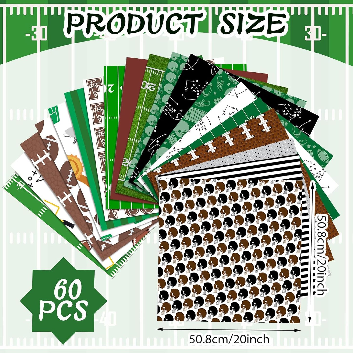 Ganeen 60 Pcs 10 x 10 Inch Football Quilting Fabric Squares Vintage Football Fat Patchwork Precut Strips Retro Green and Brown Fabric Bundles for Holiday DIY Craft Sewing Quilt Material Handmade