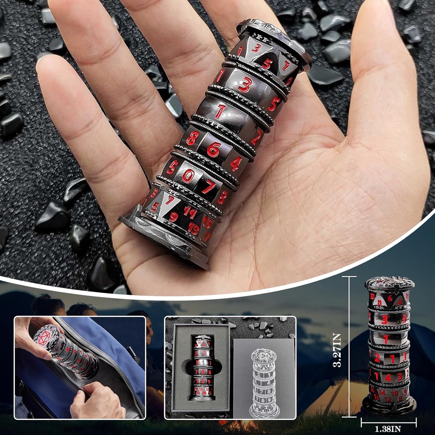 DND Dice Spinner Tower Set - Unique D4 D6 D8 D10 D10% D12 D20 All in One D&D Metal Dice - Cool Role Playing Gifts for Dungeons and Dragons TRPG MTG Games Lover Player (Tower-Black Nickel Red)