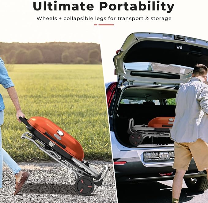 RoadTrip Portable Propane Gas Grill,15,000 BTU BBQ Grill with Top Cover Lid,Folding Legs & 2 Wheels, 406 sq.in. Grilling Areas, Built-in Thermometer, Barbecue Gas Grill for Patio,Party,Orange