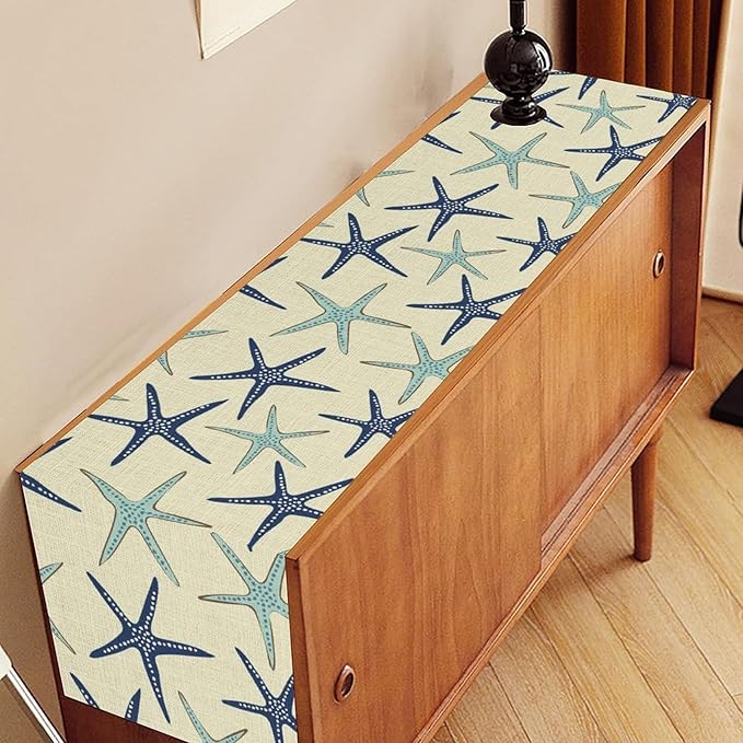 Blue Starfish Table Runner,Nautical Beach Ocean Table Runner Seasonal Holiday Home Kitchen Dining Table for Home Party Decor 13"x90"