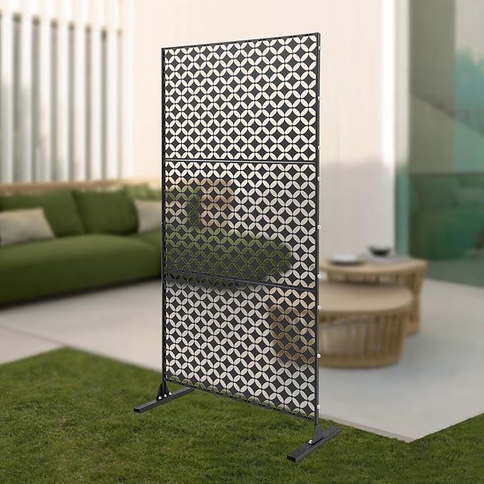 75" H×35" W Decorative Outdoor Privacy Screen with Stand, Outdoor Decor Privacy Fence Screen Metal Fence Panels, Free Standing Metal Divider for Patio Lawn Deck (Black-Circle)