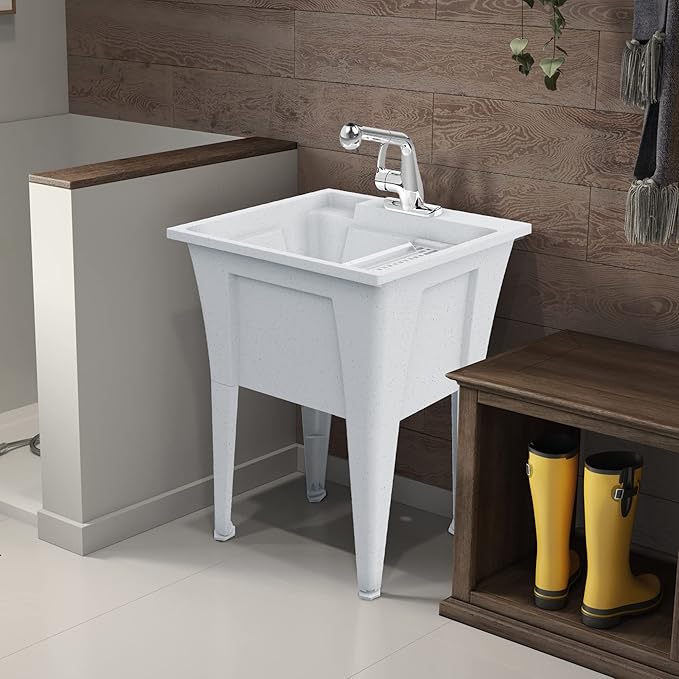 Freestanding Utility Sink with One Handle Chrome Faucet - 24" Plastic Utility Sink for Garage, Laundry, Indoor and Oudoor Use - Laundry Tub Kit by Noah William Home - White (19.5 gal)