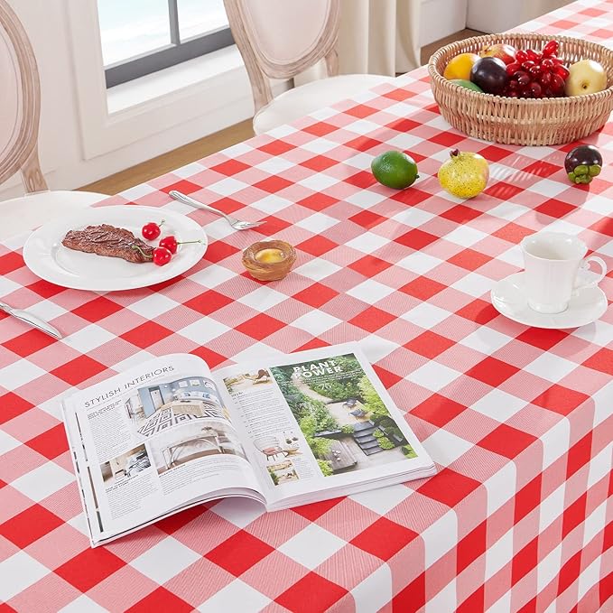 Softalker Gingham Checkered Tablecloth Rectangle - Outdoor Waterproof Buffalo Plaid Table Cloth, Stain Resistant Washable Table Cover for Picnic, Camping, Dining - Red and White, 60 x 84 Inch