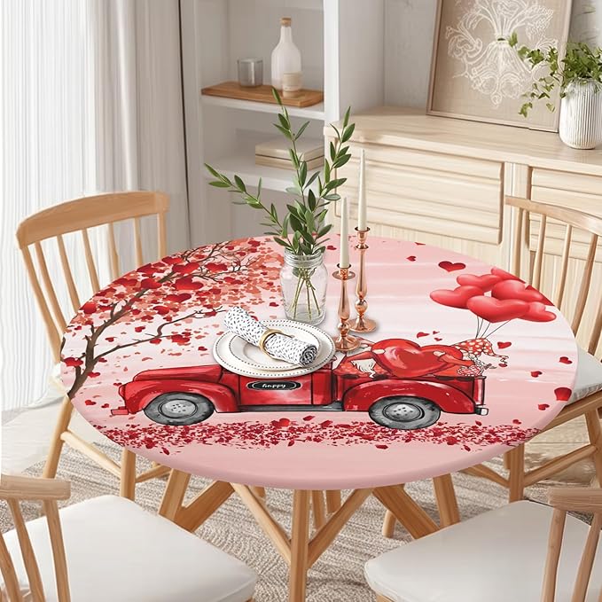 Valentines Day Round Fitted Tablecloth with Elastic Pink Red Heart Circle Table Cloth for 36-40" Round Tables Wipeable Waterproof Washable Gnome Truck Valentine Table Cover for Dining Picnic Party