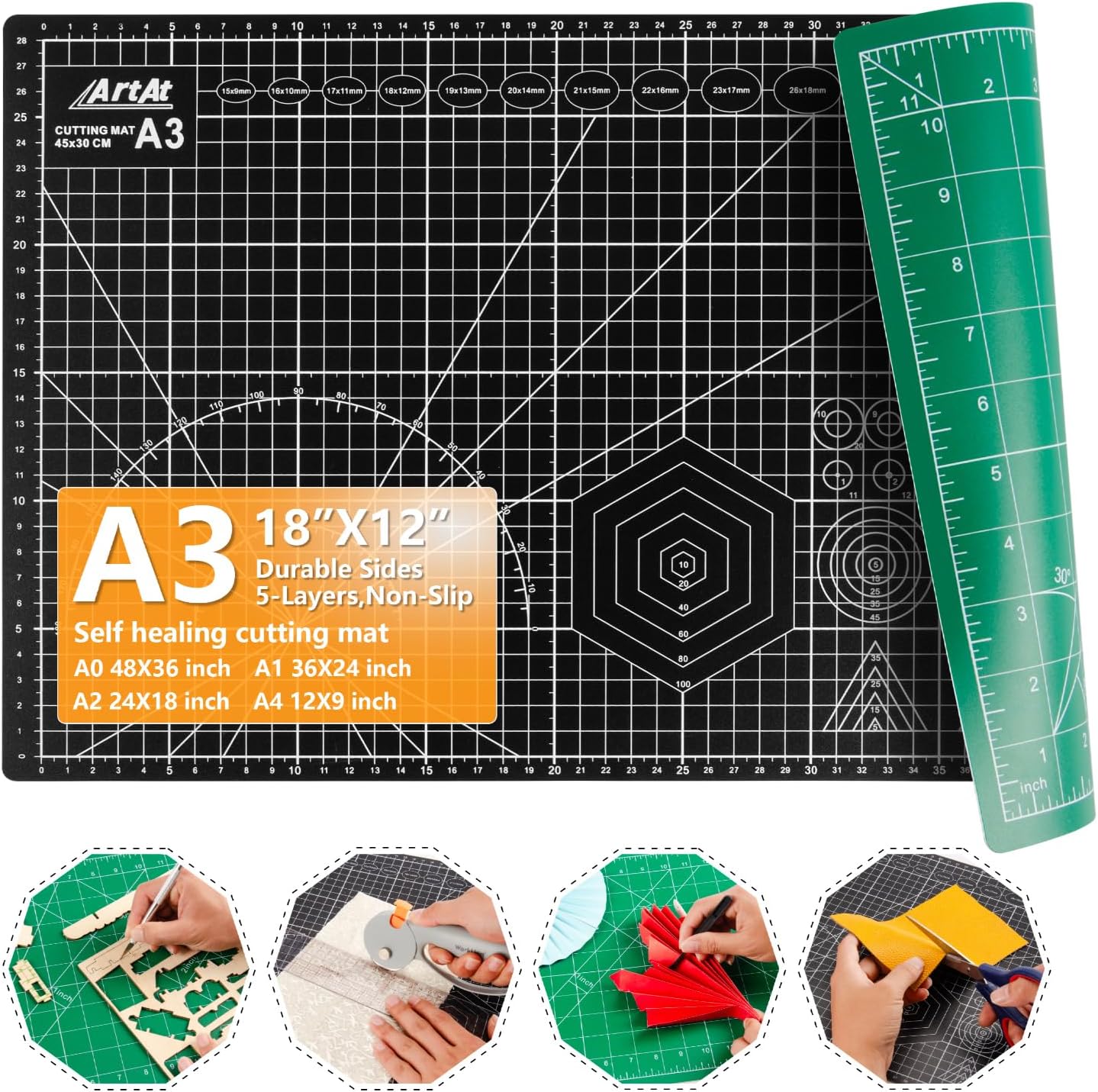 ArtAt Self Healing Cutting Mat: 12inch x 18inch Double Sided 5-Ply Fabric Cutting Mat for Sewing, Quilting & Arts & Crafts - Gridded Rotary Cutting Board Mat in Green/Black.