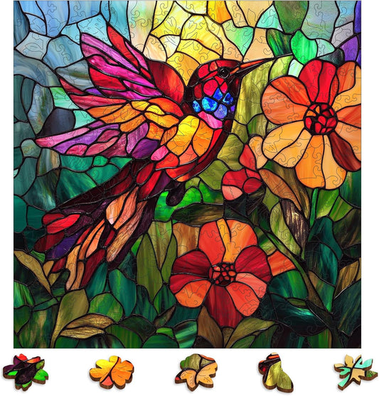 Wooden Puzzles for Adults, Stained Glass Puzzles 200 Pieces, Unique Shaped Hummingbird Jigsaw Puzzles for Adults and Kids, Birthday Gifts Fun Family Game 11.2'' x 11.2''