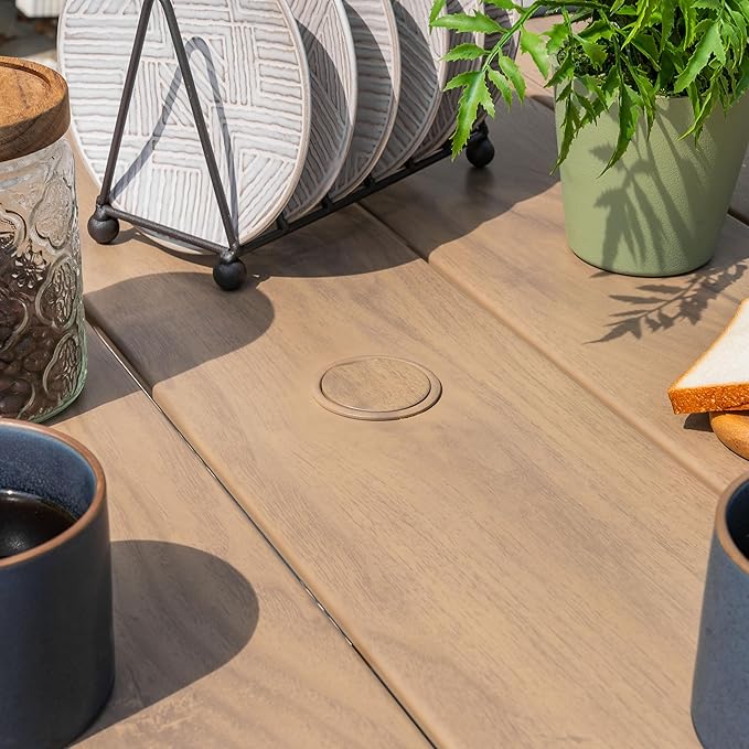 NUU GARDEN 37" Square Outdoor Dining Table, Metal Dining Table with Umbrella Hole, Wood-Grain Tabletop, Weather-Resistant for Garden, Backyard, Deck, Lawn