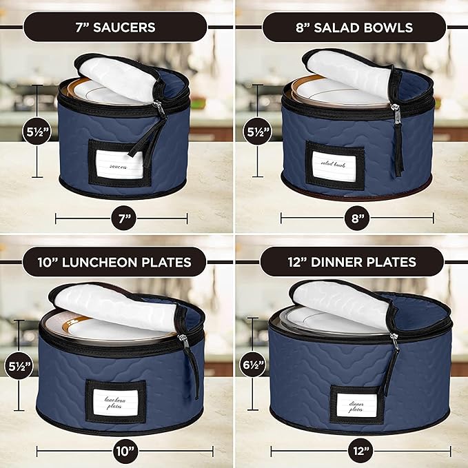 China Storage Containers 5-Piece Set Moving Boxes for Dinnerware, Glasses, Plates, Mugs and Saucers Sturdy Quilted Microfiber Dish Organizer with Dividers for Seasonal Storage - Holds Set of 12, blue