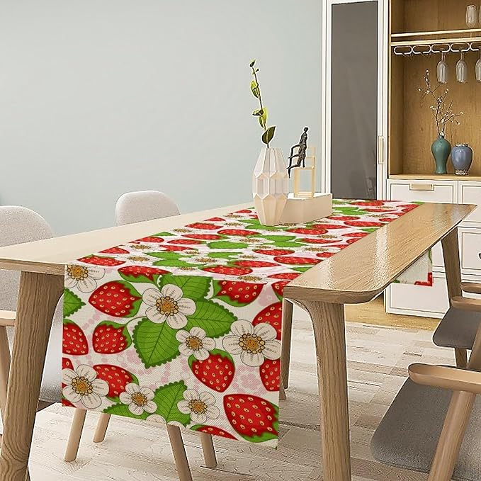 Spring Strawberry Table Runner, Floral Strawberries Flowers Leaf Season Inspirational Design Table Runner for Kitchen Dining Party Holiday Home 13x90in