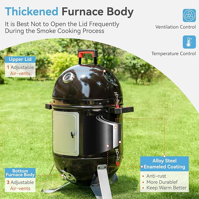 GREEN PARTY 18" Vertical Charcoal Smoker Grill Bullet Water Smoker Barbeque Grill, Outdoor BBQ Smokers Portable Meat Smoker Grill for Deck Patio Backyard Balcony Parties