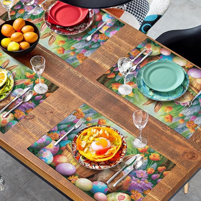 Easter Rabbits Eggs Placemats Set of 4 Easter Bunny Tulip Flowers Table Place Mats Seasonal Farmhouse Spring Holiday Table Mat for Party Kitchen Dining Outdoor Indoor Decor