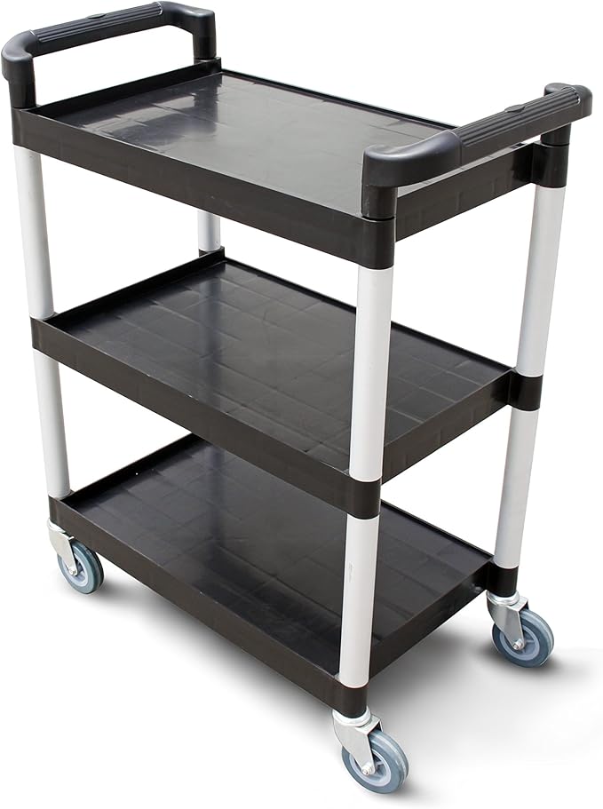 New Star Foodservice 54552 350-Pound Plastic 3-Tier Utility Bus Cart with Locking Casters, 42.5" x 19.5" x 38.5", Black