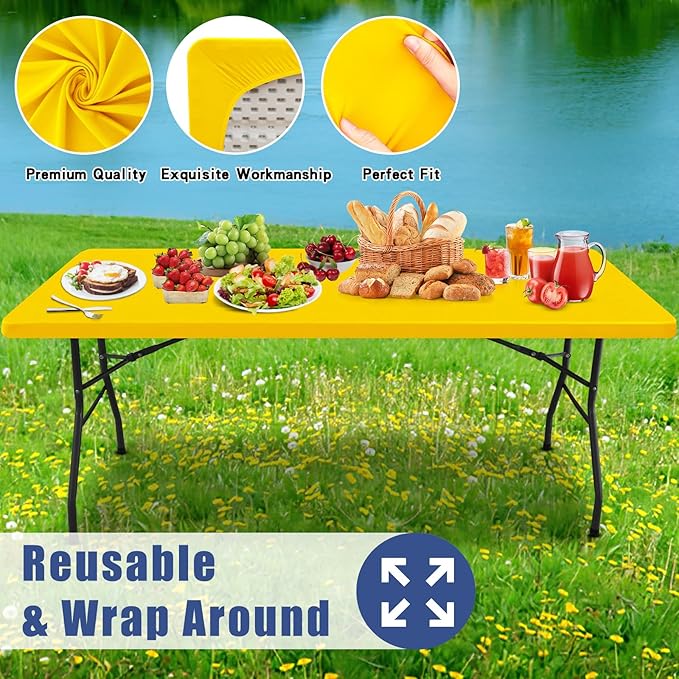 Spandex 5 Foot Rectangle Table Cloth 6 Pack, Elastic Fitted Tablecloths for Picnic, Stretch Washable Patio Table Cover for Outdoor, Camping, Banquet and Parties (Yellow, 30"x60")