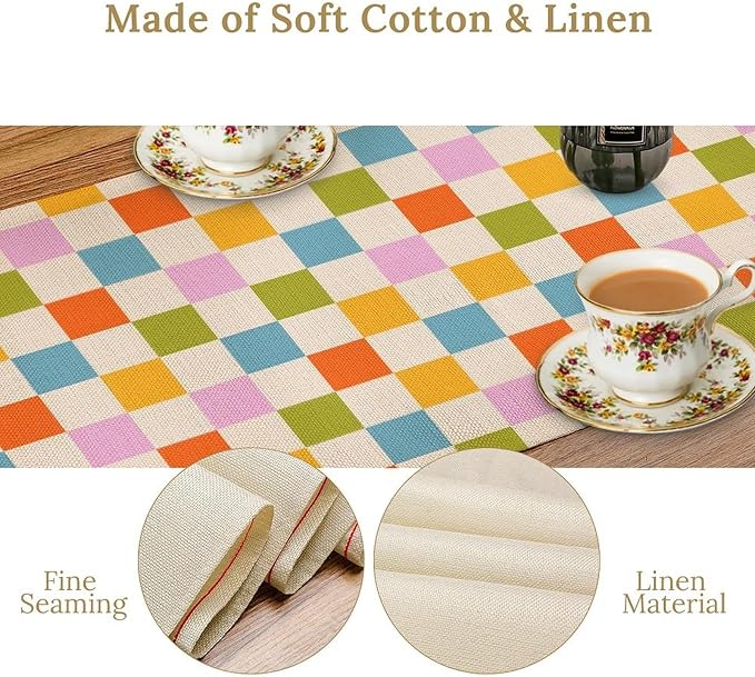 Retro Checkered Table Runner, 60s 70s Summer Seasonal Table Runners for Kitchen Dining Indoor Outdoor Holiday Home Wedding Party 13x108in