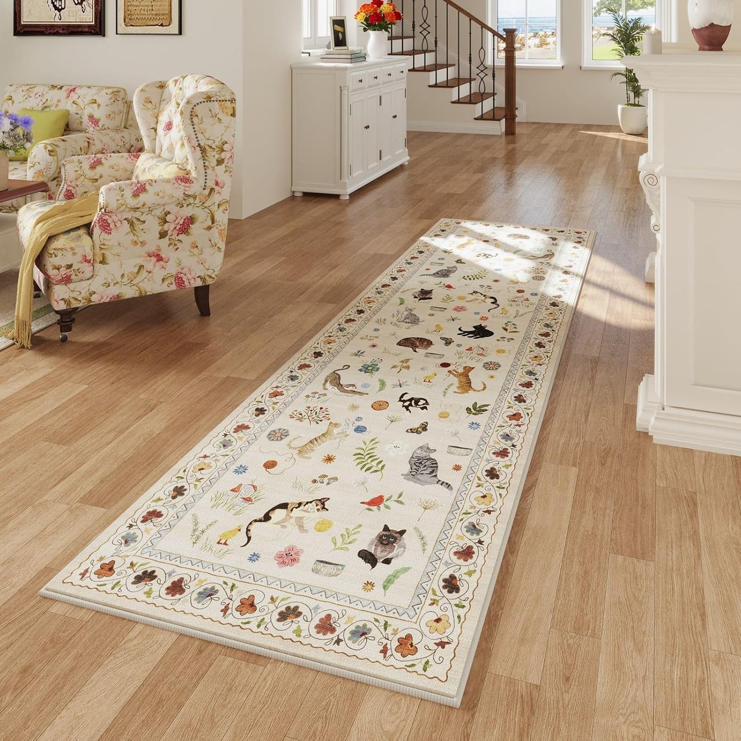 Rugcomf Runner Rug for Kitchen Non Slip 2'x6' Washable Rugs with Rubber Backing Soft Floral Animal Cat Carpet for Kitchen Laundry Bedroom Bathroom, Beige