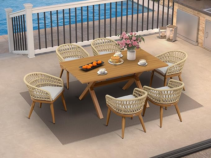 PURPLE LEAF 7 Pieces Outdoor Dining Set All-Weather PE Rattan Outdoor Patio Furniture Set with All Aluminum Frame Rectangular Table and Chairs Set for Lawn Garden Backyard Deck, Teak
