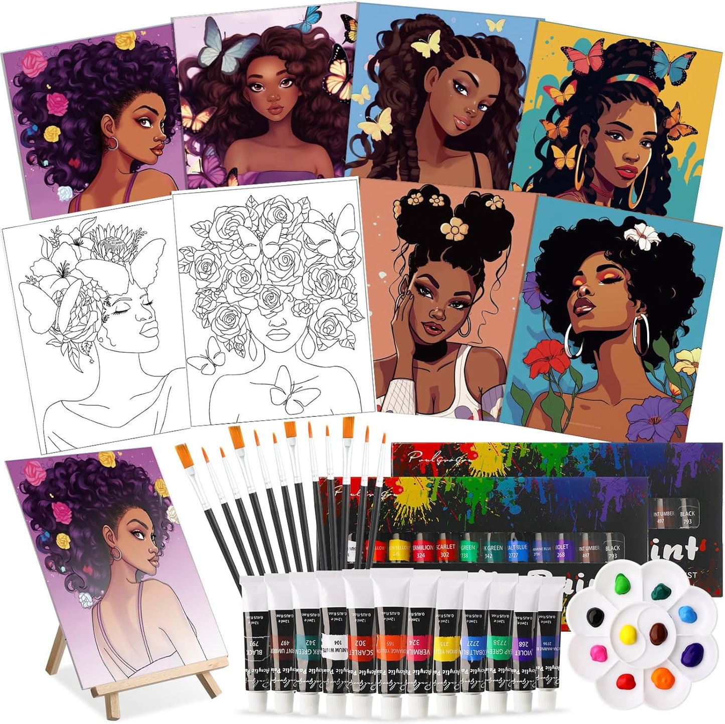 Cholemy 36 Pcs Paint and Sip Kit for Adults 8''x10'' Pre Drawn Canvas for Painting DIY Afro Acrylic Painting Kit Wood Easel Brushes Date Night Bulk for Christmas Party Gifts(Sunshine Lady)