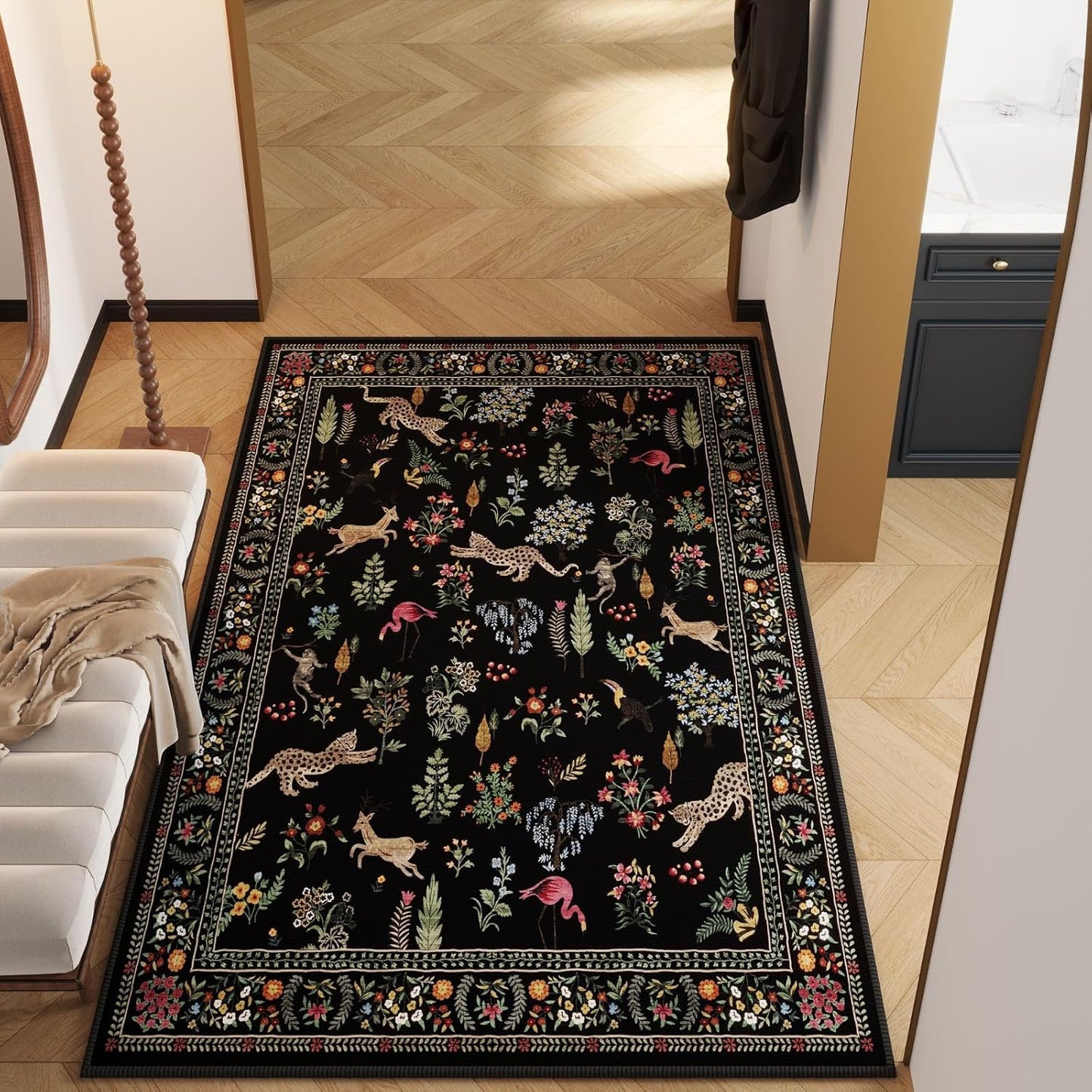 Rugcomf Bedroom Rug 3x5 Rug Washable Area Rug Non Slip Low Pile Boho Floral Animal Small Carpet for Bedroom, Bedside, Kitchen, Entryway, Kids Room, Office, College Dorm Essentials for Girls (Black)