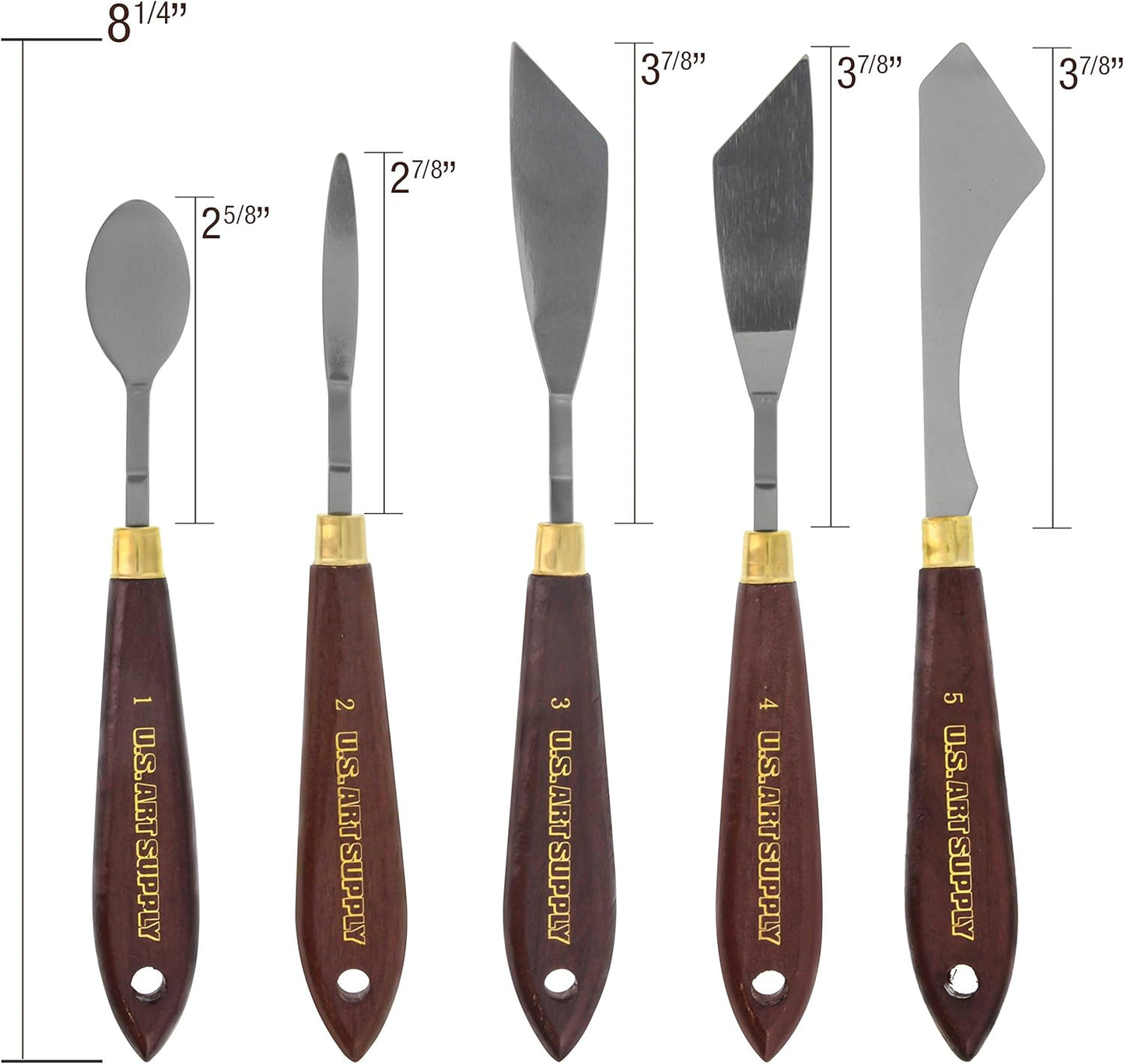 U.S. Art Supply 5-Piece Artist Stainless Steel Palette Knife Set - Wood Hande Flexible Spatula Painting Knives for Color Mixing Spreading, Applying Oil, Acrylic Paint on Canvas