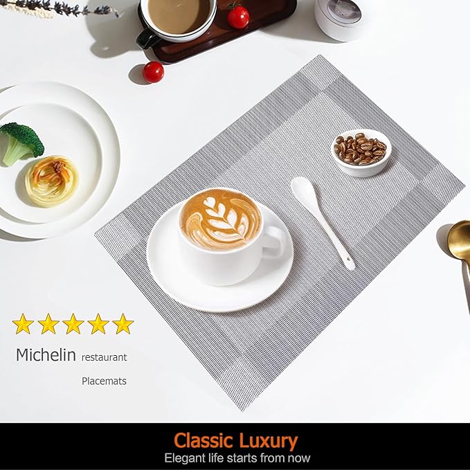 Placemats Set of 8 Washable&Wipeable Silver Place mats for Dining Table Kitchen Indoor Outdoor Table Mats Heat Resistant Non Slip Woven Vinyl Table Placemats (Grey，8PCS)