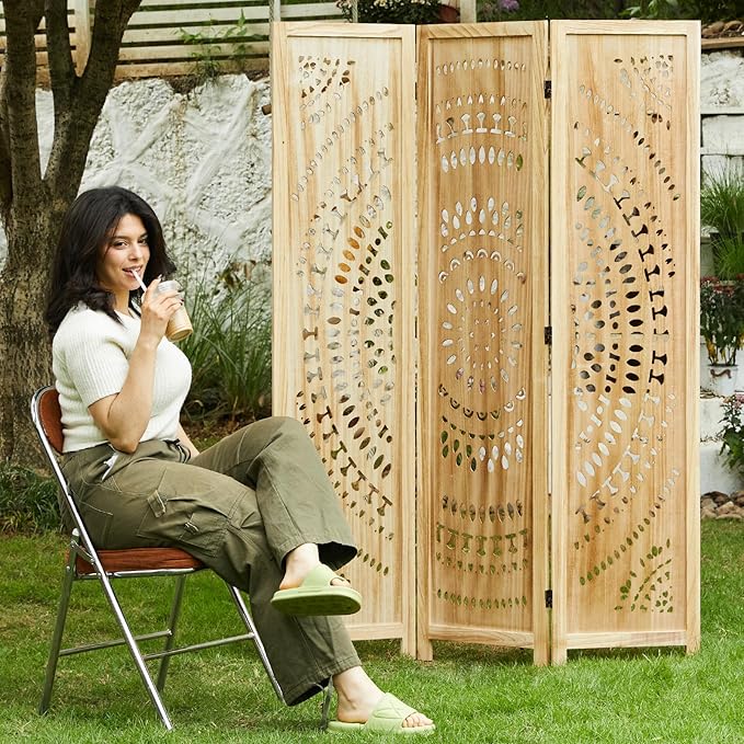 Room Divider Wood Carved Wall Divider Indoor Folding Bohemian Style Portable Partition Screen for Home Office Garden Terrace - 3 Panels (Natural)