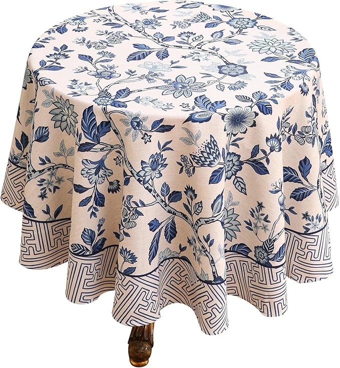 Vintage French Linen Small Round Tablecloth,Blue and White Floral Soft Tablecloths,Decorative Table Cover for Kitchen,Dining,Tea Party,Thanksgiving,Christmas,Diameter 55"-Suqing