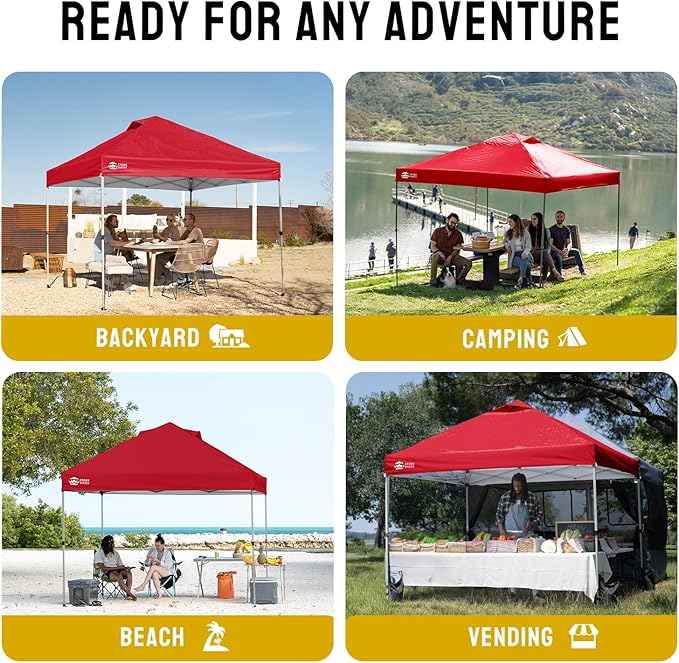 CROWN SHADES 8x8 Pop Up Canopy - Beach Tent with One Push Setup - Easy Outdoor Sun Shade for Events, Parties, Camping - Gazebo with STO-N-Go Cover Bag, Silver Coated Top, Red